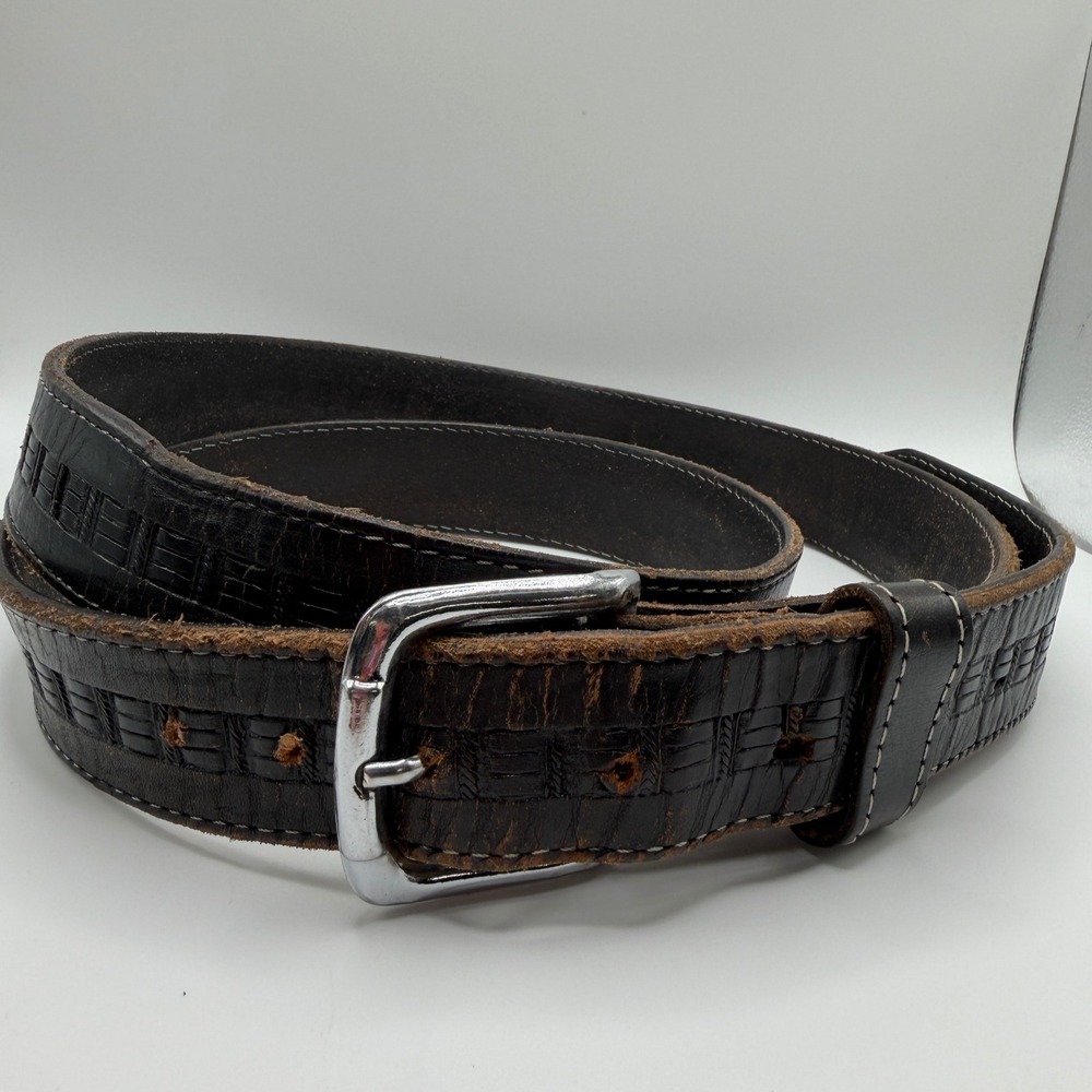 Vintage Black Leather Embossed‎ Belt Size 50 Distressed White Stitch Workwear